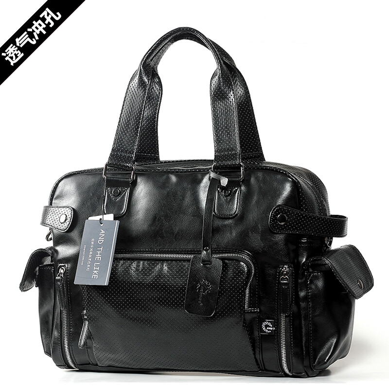 男士PU包 單肩斜挎包橫款方形商務旅行包 手提包韓版軟皮休閑男包 酷黑色標準號(無隔層)